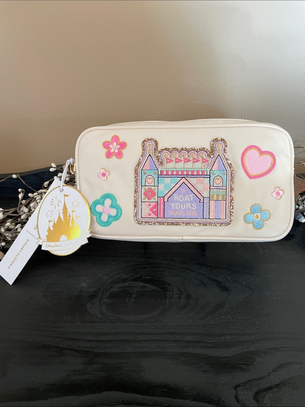 NWT Stoney Clover Lane Disney Cream Cosmetic Pouch with Pastel Appliqué Castle